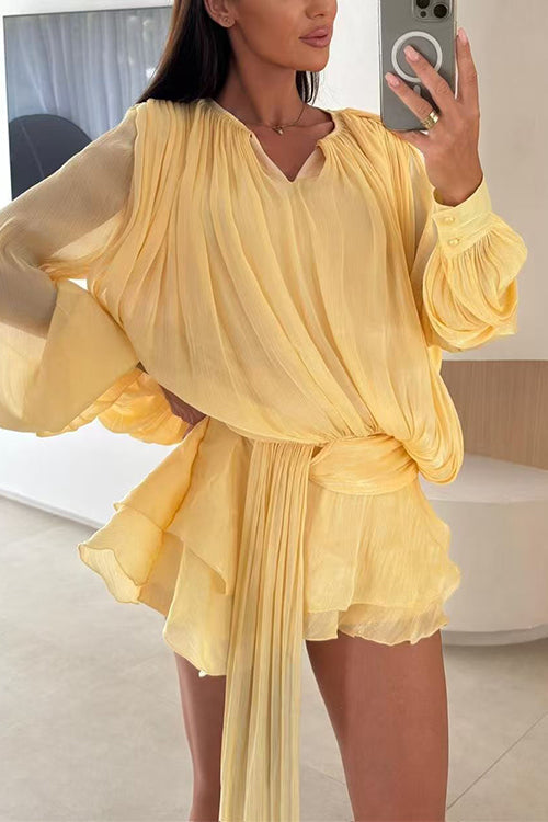 Heididress Lantern Long Sleeves Draped Ruffle Layered Mini Dress with Shorts