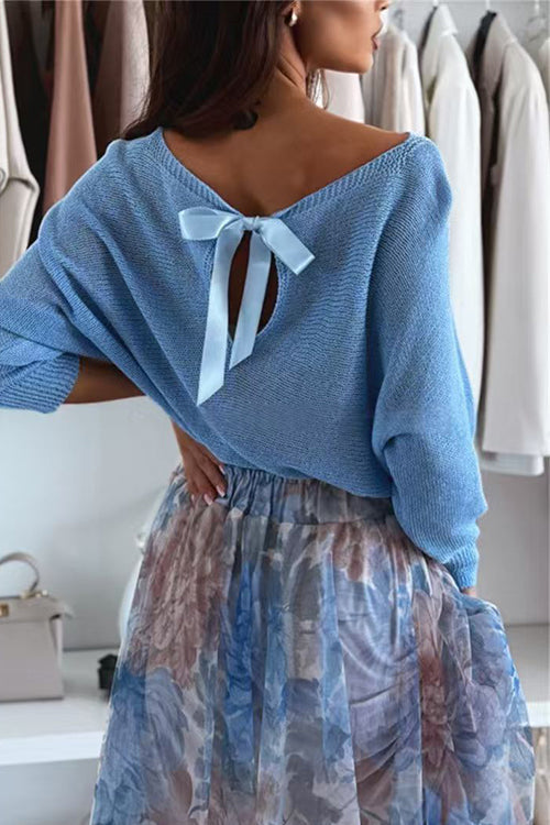 Heididress Boat Neck Bow Back Cut Out Pullover Sweater