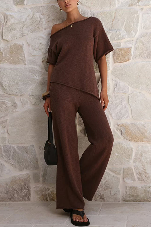 Stylish Asymmetrical Shoulder Short Sleeves Knit Top