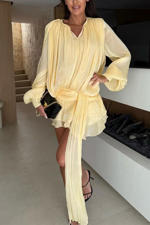 Heididress Lantern Long Sleeves Draped Ruffle Layered Mini Dress with Shorts