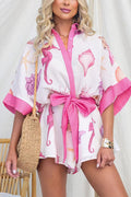 Half Sleeves Button Up Bow Waist Marine Life Print Romper