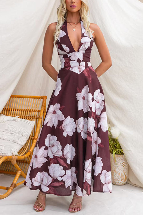 Halter V Neck Back Lace-up Floral Print Maxi Dress