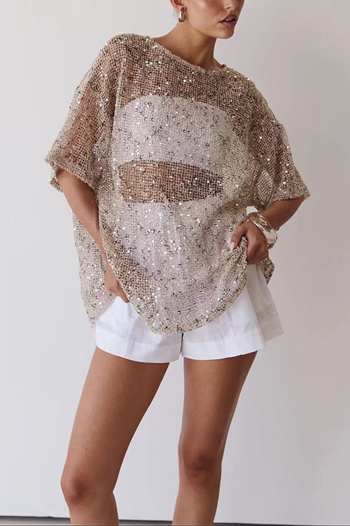 Round Neck Half Sleeves Crochet Hollow Out Sequin Top