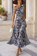 Asymmetrical Shoulder Printed Ruffle Hem Flowy Maxi Dress