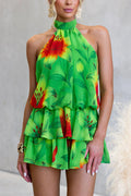Halter Backless Floral Print Ruffle Romper