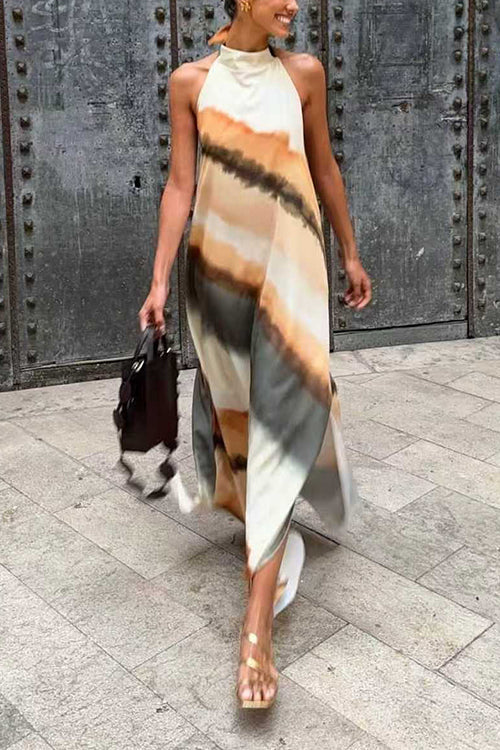 Halter Neck Open Back Tie Dye Slit Maxi Dress