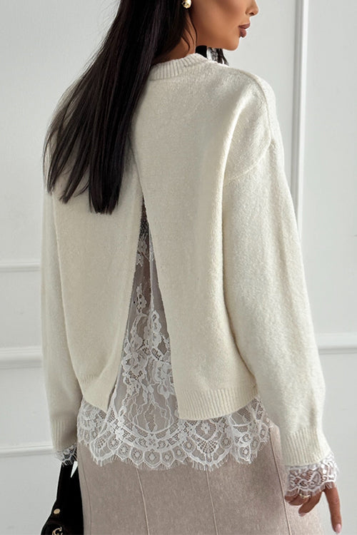 Crewneck Back Slit Lace Patchwork Sweater