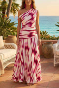 Asymmetrical Shoulder Printed Flowy Maxi Dress