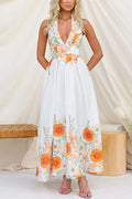 Halter V Neck Lace-up Backless Sunflower Print Maxi Dress
