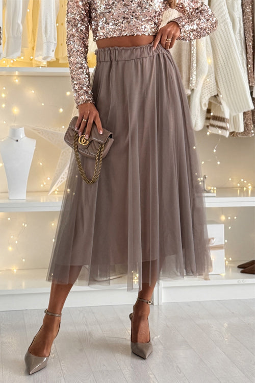 Heididress Solid Elastic Waist Mesh A-line Midi Skirt