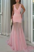 V Neck Sleeveless Splice Ruched Maxi Dress