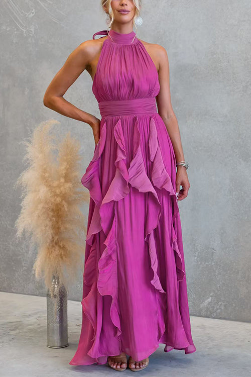 Halter Neck Ruffle Flowy Maxi Dress