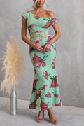 Asymmetrical Shoulder Lace Splice Floral Print Maxi Dress