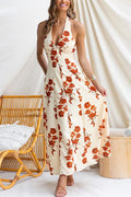 Halter V Neck Backless Floral Print Maxi Dress