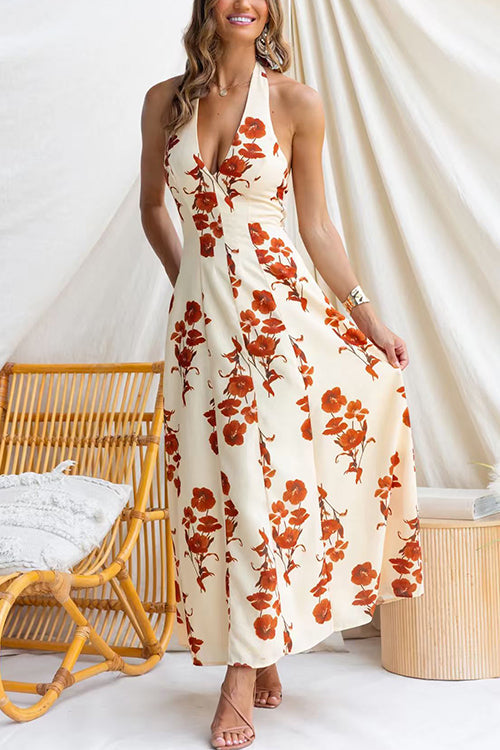 Halter V Neck Backless Floral Print Maxi Dress