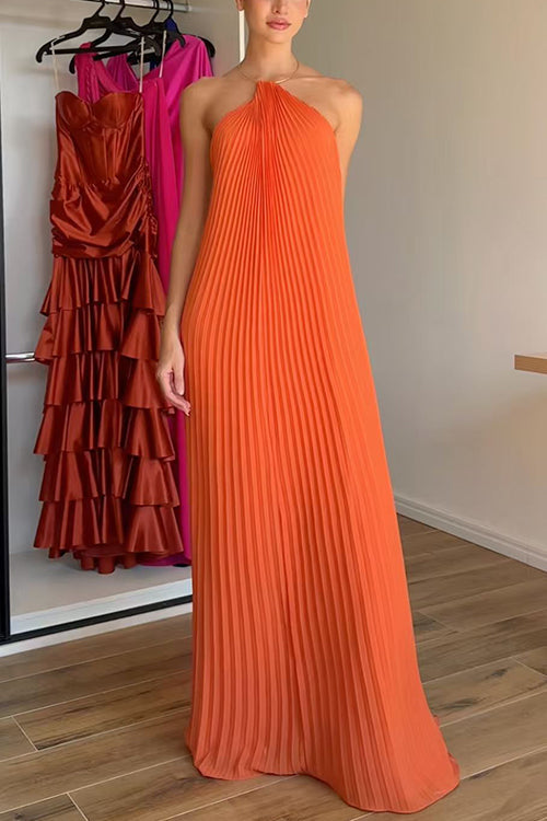Halter Open Back Pleated Maxi Dress