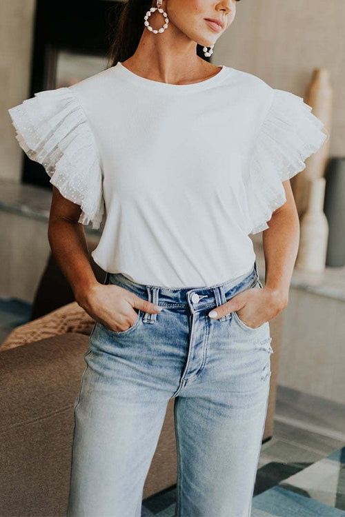 Heididress Round Neck Polka Dot Ruffle Short Sleeves Top