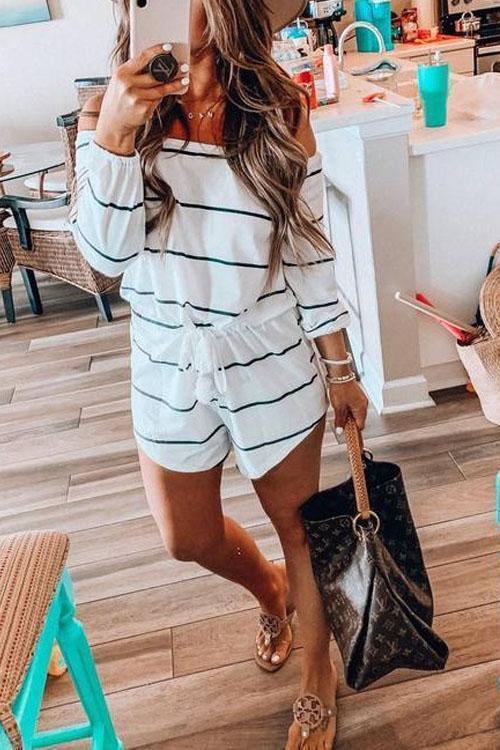 Heididress Off Shoulder Drawstring Waist Striped Shorts Jumpsuit
