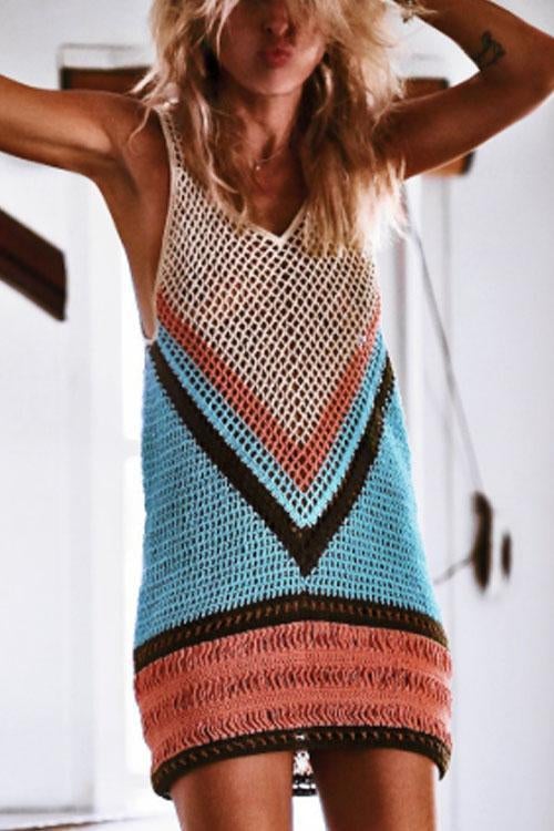 Heididress Color Block Hollow Out Beach Cover Up