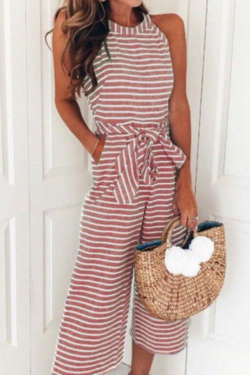 Heididress Crewneck Sleeveless Striped Bow-Knot Wide Leg Jumpsuit