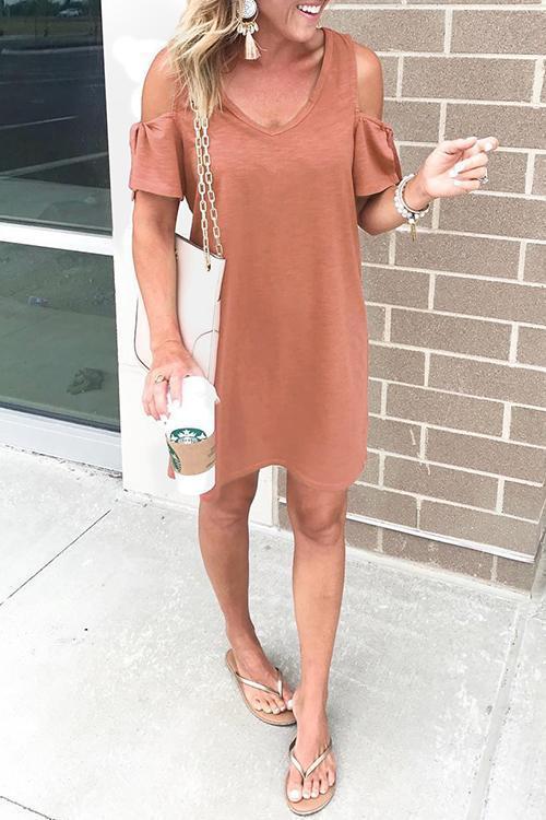 Heididress V Neck Cold Shoulder Solid T Shirt Dress