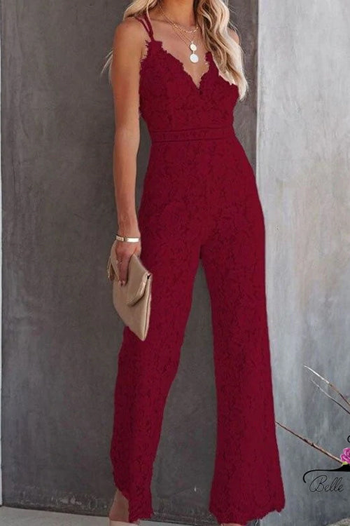 Heididress Solid V Neck Waisted Cami Lace Jumpsuit