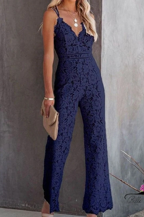 Heididress Solid V Neck Waisted Cami Lace Jumpsuit