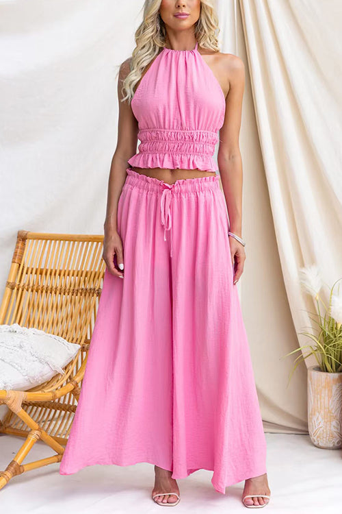 Halter Neck Open Back Ruffle Hem Top