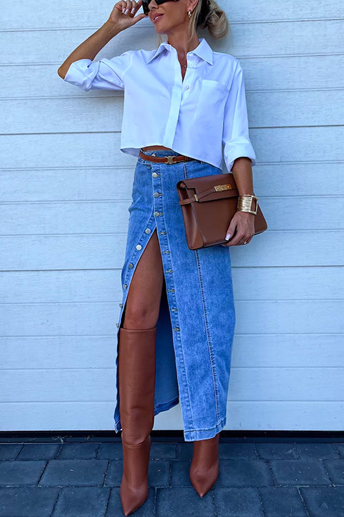 Heididress High Rise Button Down Slit Denim Skirt