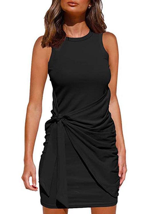 Heididress Crewneck Knot Front Ruched Sleeveless Dress