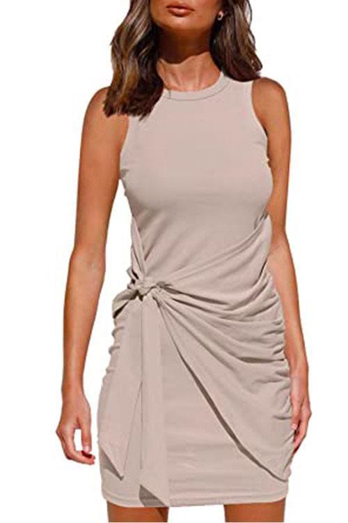 Heididress Crewneck Knot Front Ruched Sleeveless Dress