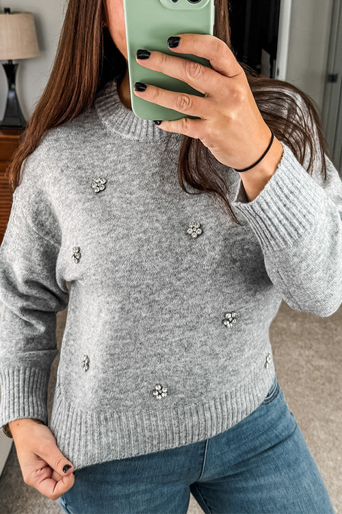 Crewneck Drop Shoulder Rhinestone Detailed Pullover Sweater