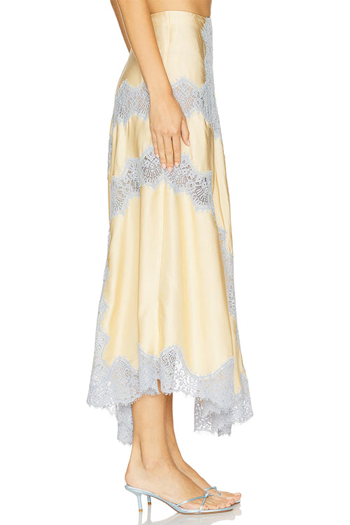 Heididress High Rise Color Block Lace Trim Satin Maxi Skirt