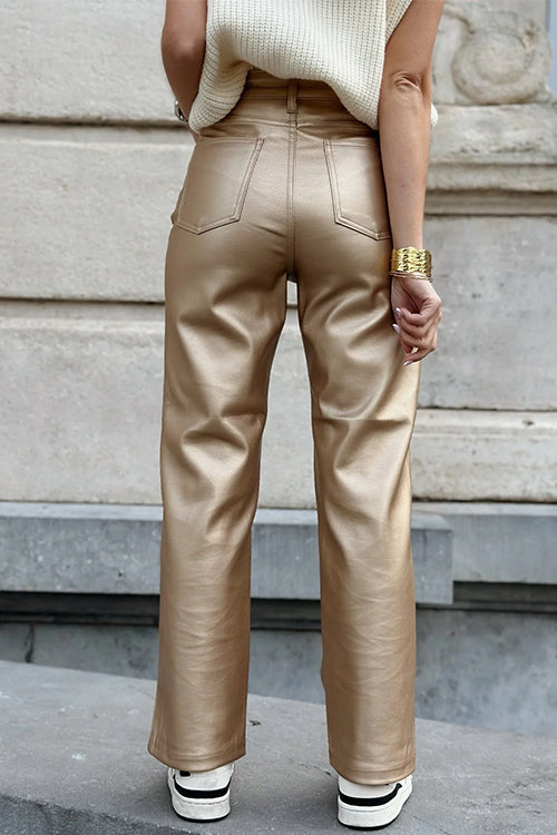 Faux Leather Straight Leg Pocketed Pants