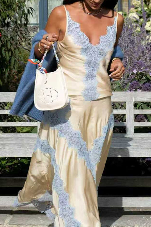 Heididress Adjustable Strap V Neck Lace Trim Satin Top