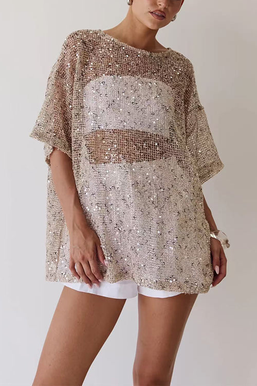 Round Neck Half Sleeves Crochet Hollow Out Sequin Top