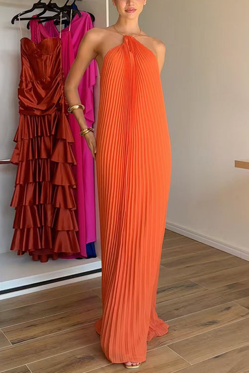 Halter Open Back Pleated Maxi Dress