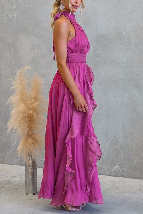 Halter Neck Waisted Ruffle Maxi Dress