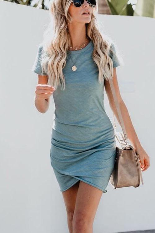 Heididress Short Sleeve Ruched Seafoam Mini Dress