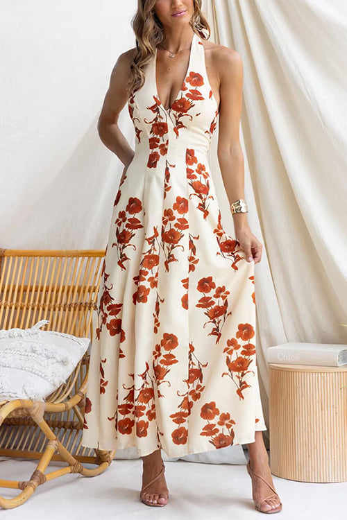Halter V Neck Backless Floral Print Maxi Dress