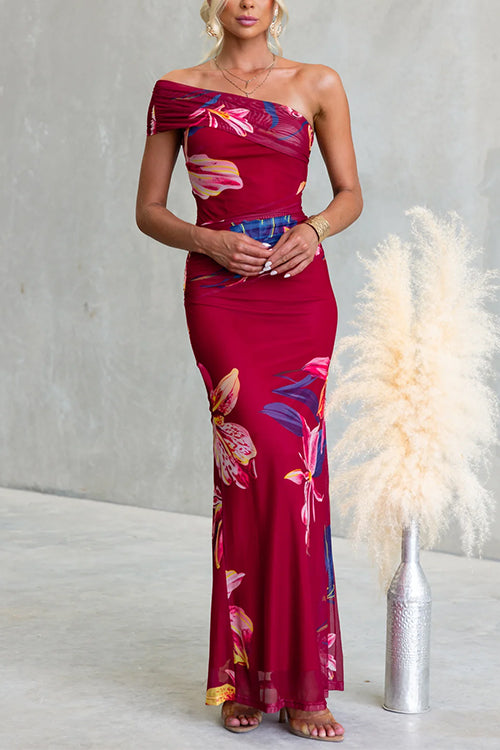 Asymmetrical Shoulder Floral Print Bodycon Maxi Dress