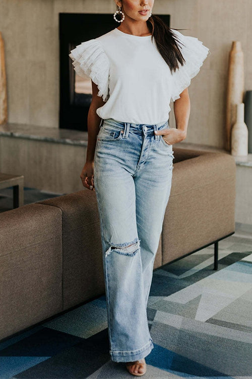 Heididress Round Neck Polka Dot Ruffle Short Sleeves Top