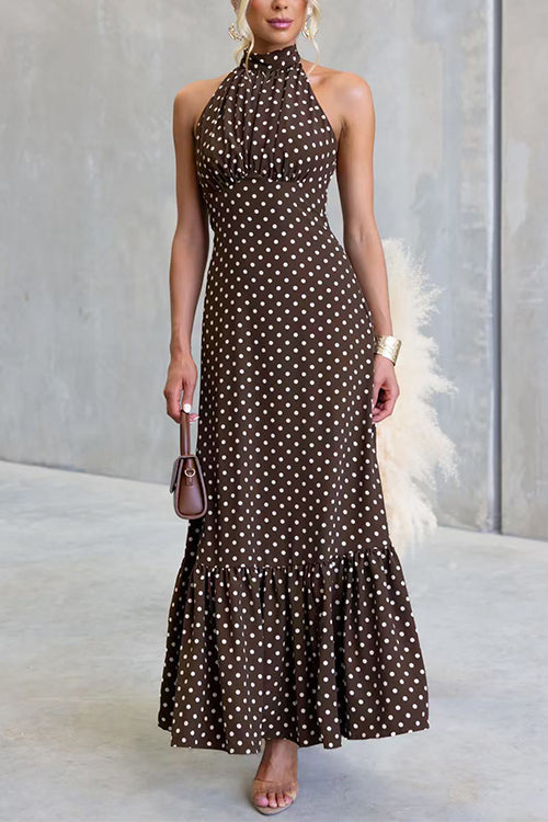 Halter Neck Backless Polka Dot Ruffle Maxi Dress