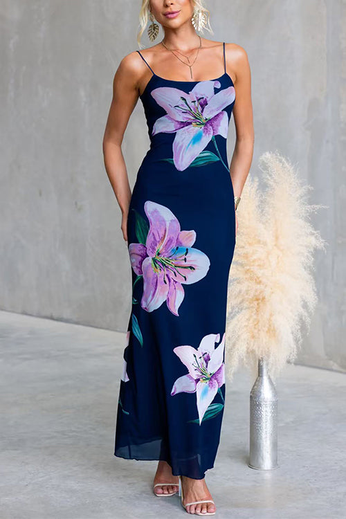 Adjustable Strap Floral Print Bodycon Maxi Dress