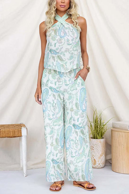 Elastic Waist Paisley Print Pocketed Wide Leg Pants