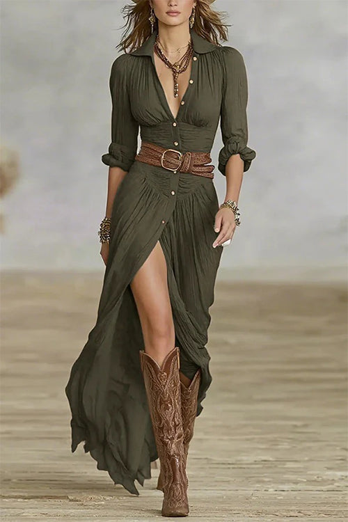 Heididress Lapel V Neck Long Sleeves Button Up Slit Maxi Dress