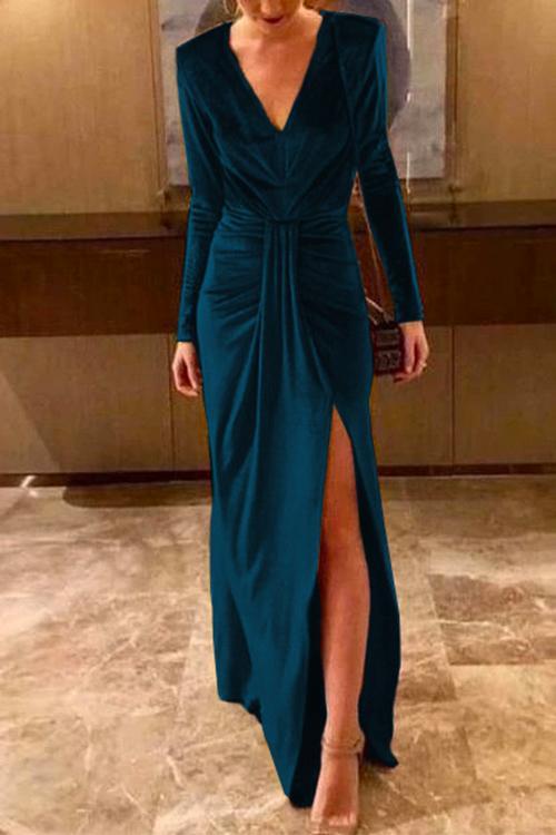 Heididress Deep V Neck Slit Ruched Velvet Party Dress(5 Colors Available)