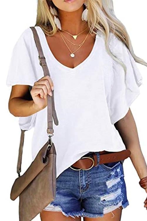 Heididress V Neck Ruffle Sleeves Loose T Shirt