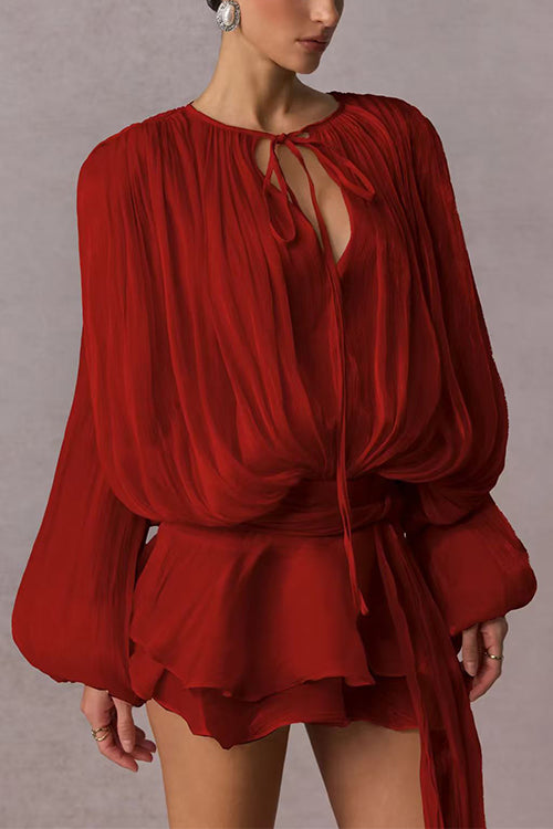 Heididress Lantern Long Sleeves Draped Ruffle Layered Mini Dress with Shorts