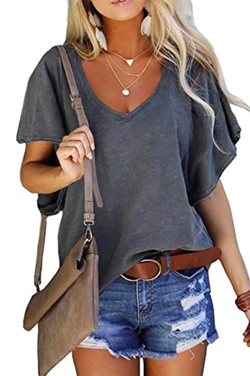 Heididress V Neck Ruffle Sleeves Loose T Shirt